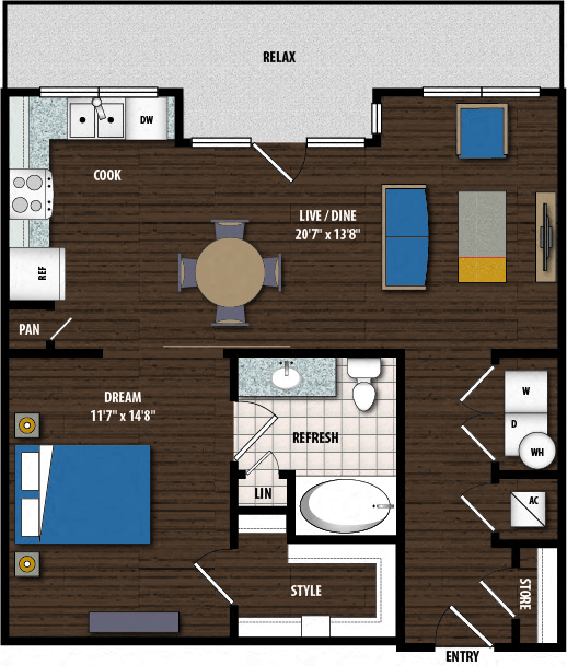 Floor plan for 1 bed, 1 bath, 786 sqft
