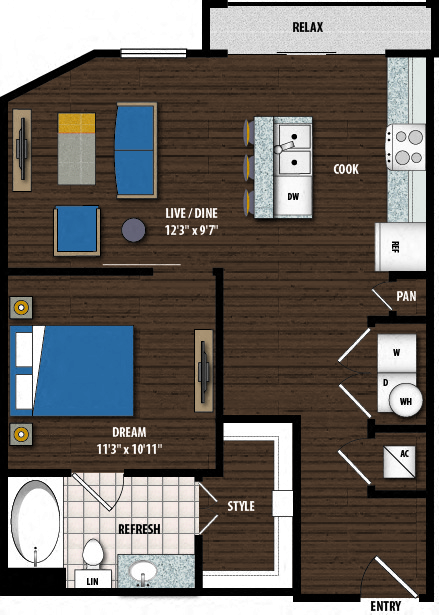Floor plan for 1 bed, 1 bath, 717 sqft