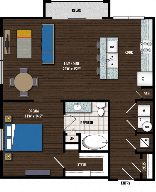 Floor plan for 1 bed, 1 bath, 867 sqft