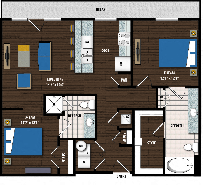 Floor plan for 2 beds, 2 baths, 1017 sqft