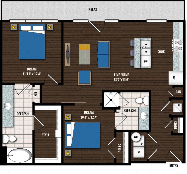 Floor plan for 2 beds, 2 baths, 1017 sqft