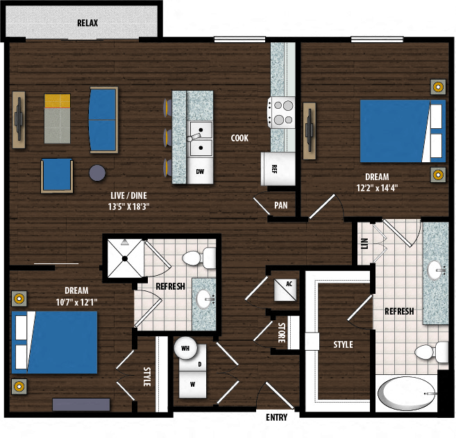 Floor plan for 2 beds, 2 baths, 1089 sqft