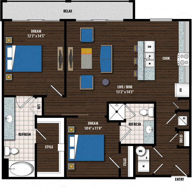 Floor plan for 2 beds, 2 baths, 1089 sqft