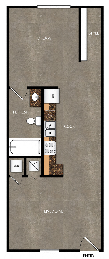 Floor plan for 1 bed, 1 bath, 700 sqft