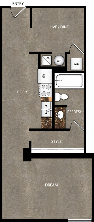 Floor plan for 1 bed, 1 bath