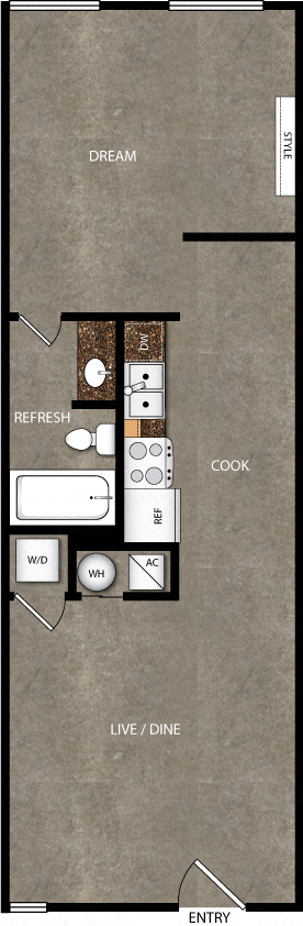Floor plan for 1 bed, 1 bath, 625 sqft
