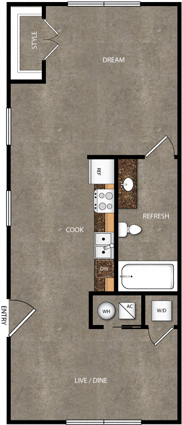 Floor plan for studio, 638 sqft