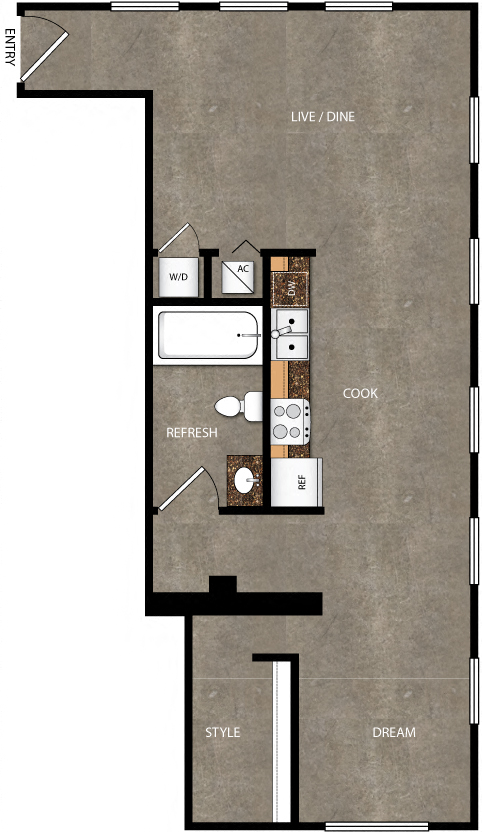 Floor plan for 1 bed, 1 bath, 700 sqft