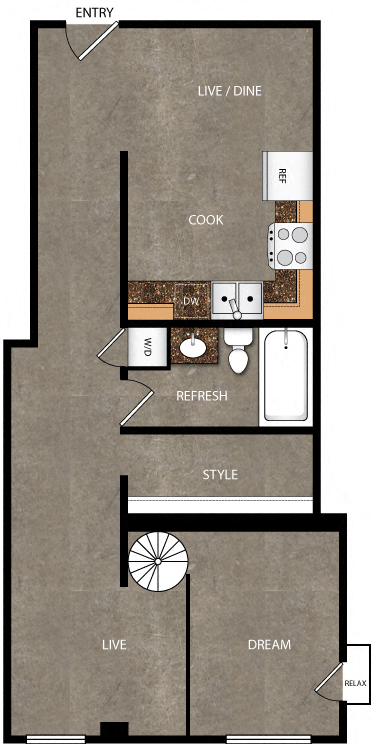 Floor plan for 1 bed, 1 bath, 749 sqft