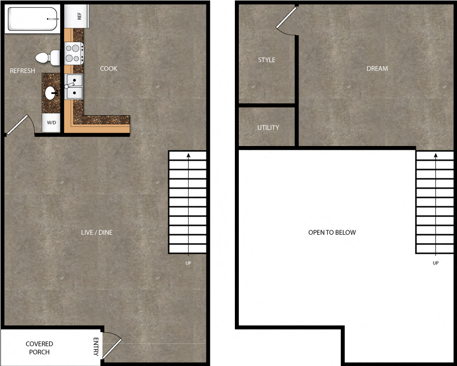 Floor plan for 1 bed, 1 bath, 909 sqft