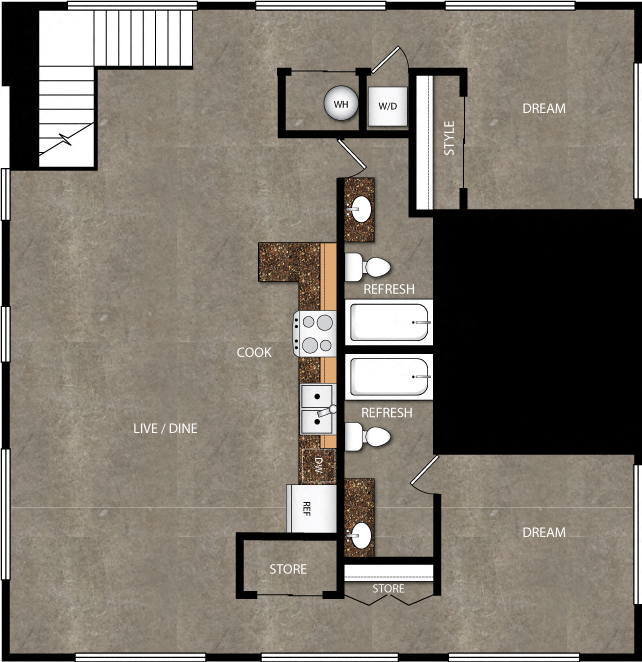 Floor plan for 2 beds, 2 baths, 1409 sqft