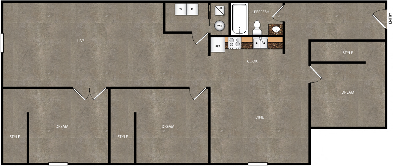 Floor plan for 3 beds, 1 bath, 1483 sqft