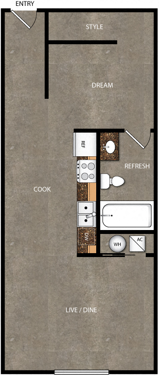 Floor plan for 1 bed, 1 bath, 569 sqft