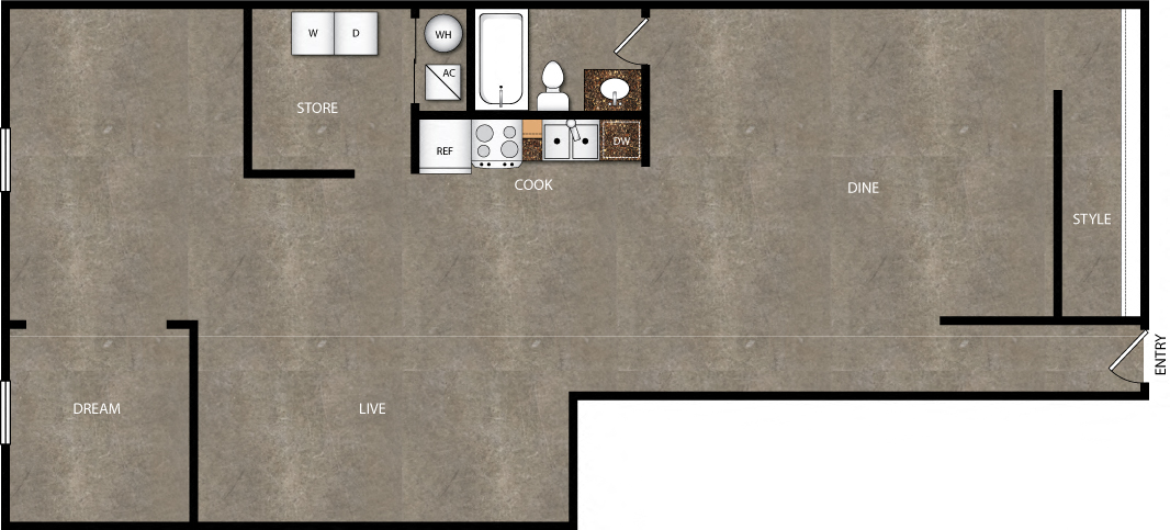 Floor plan for 1 bed, 1 bath, 1384 sqft