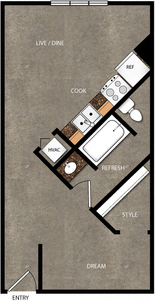 Floor plan for 1 bed, 1 bath, 580 sqft