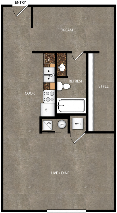 Floor plan for 1 bed, 1 bath, 573 sqft