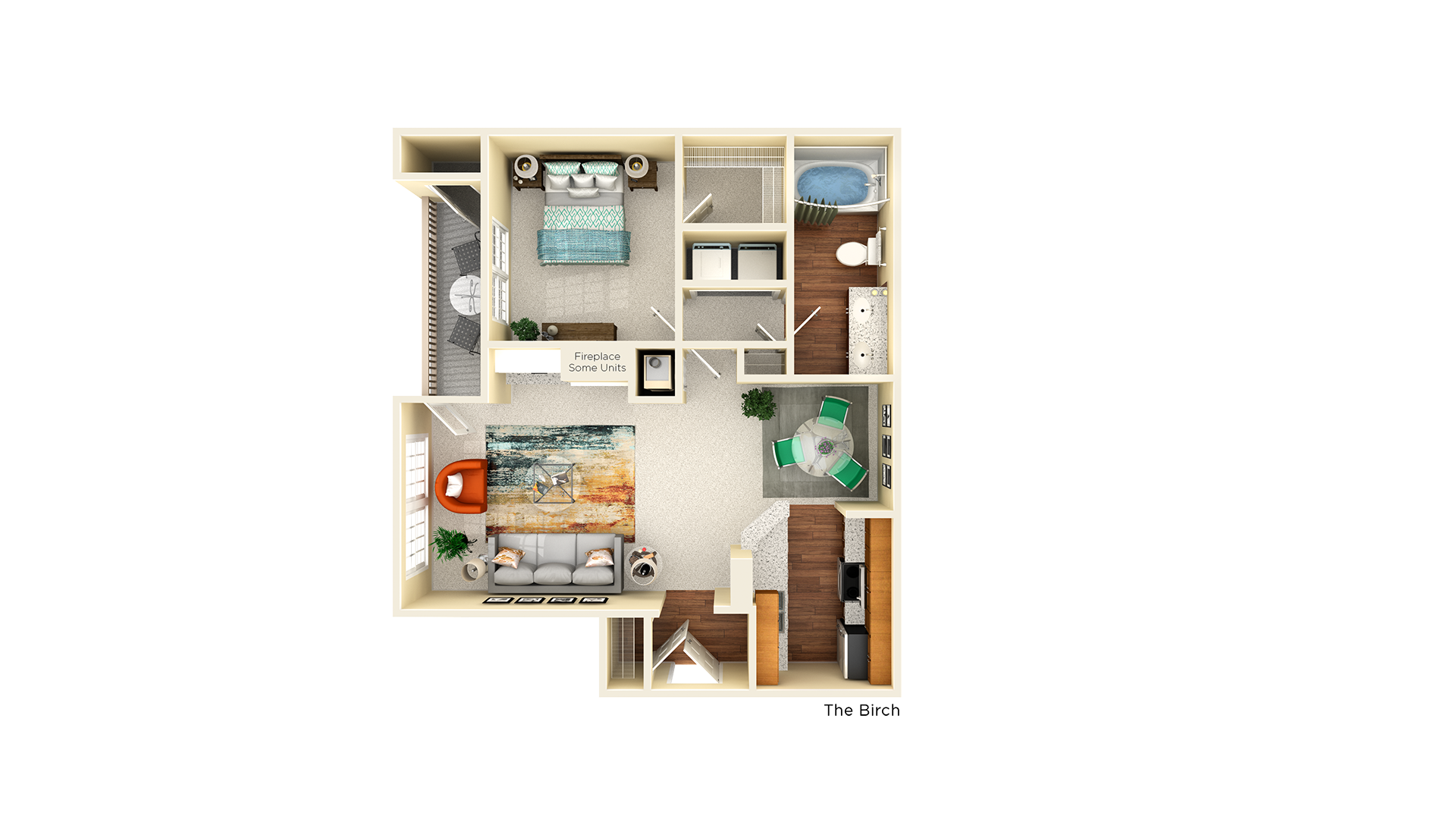 Floor plan for 1 bed, 1 bath, 834 sqft