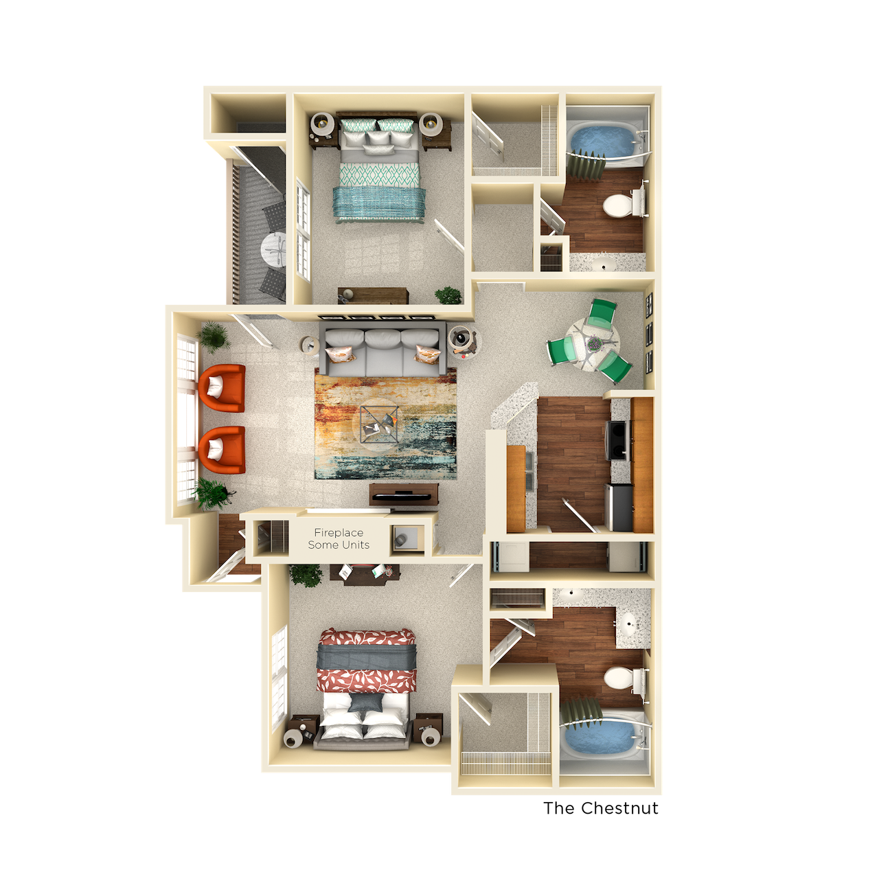 Floor plan for 2 beds, 2 baths, 1154 sqft