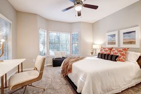 Austin apartment for rent - a bedroom with a large bed and a ceiling fan