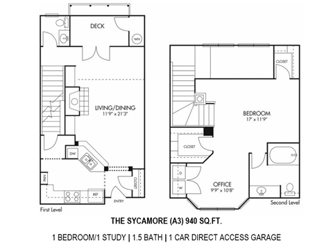 Floor plan for 1 bed, 1.5 baths, 940 sqft