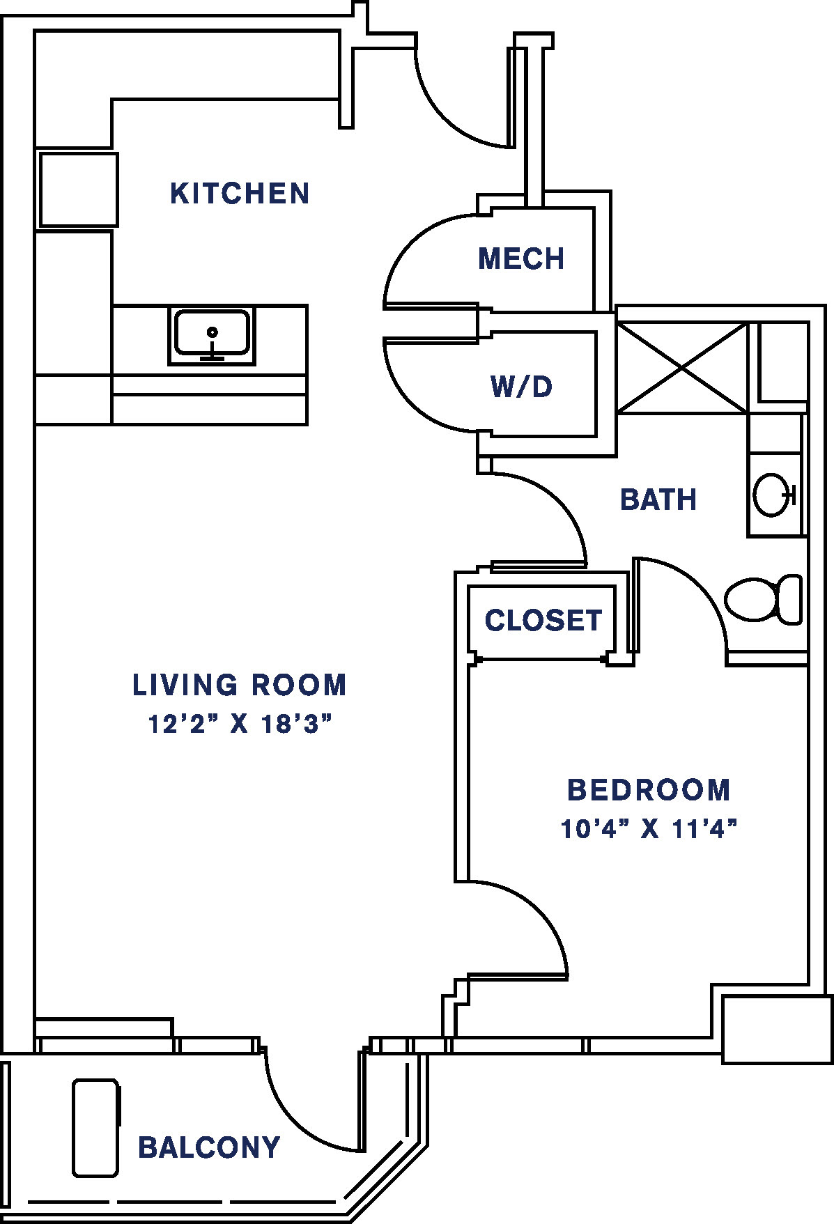 Floor plan for 1 bed, 1 bath, 685 sqft