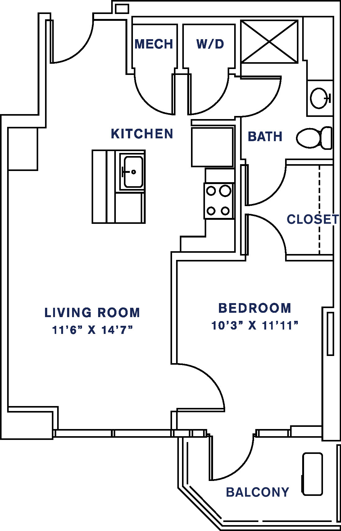 Floor plan for 1 bed, 1 bath, 734 sqft