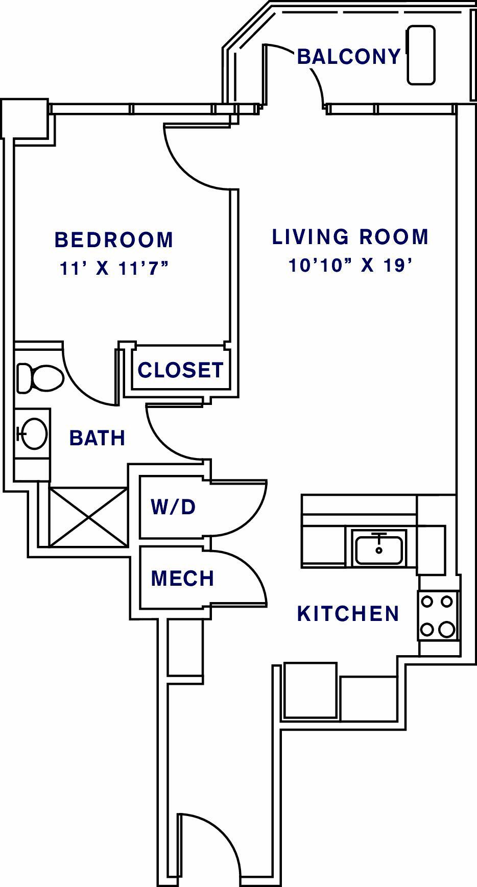 Floor plan for 1 bed, 1 bath, 711 sqft