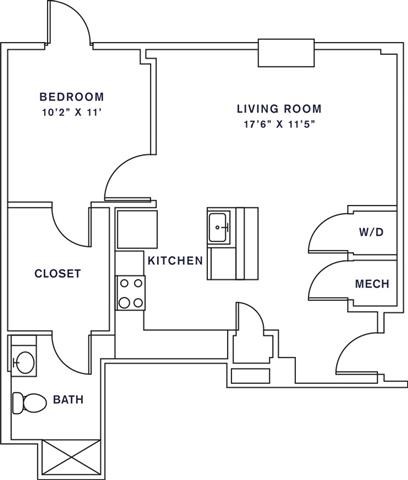 Floor plan for 1 bed, 1 bath, 751 sqft