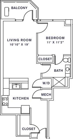 Floor plan for 1 bed, 1 bath, 757 sqft