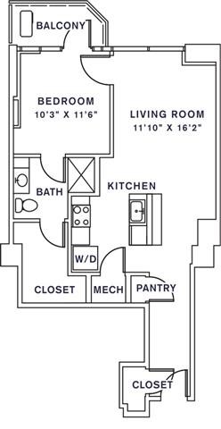 Floor plan for 1 bed, 1 bath, 751 sqft