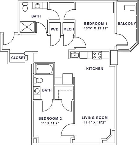 Floor plan for 2 beds, 2 baths, 1021 sqft