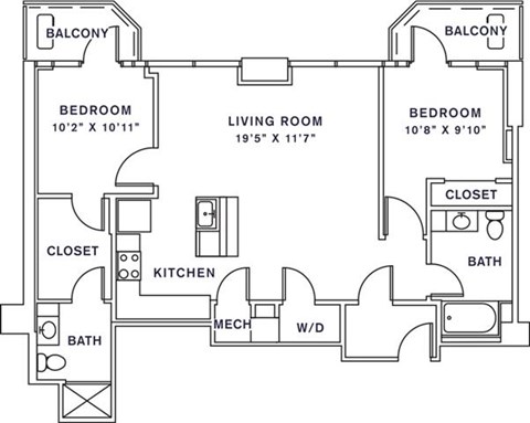 Floor plan for 2 beds, 2 baths, 1072 sqft