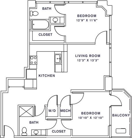 Floor plan for 2 beds, 2 baths, 1078 sqft