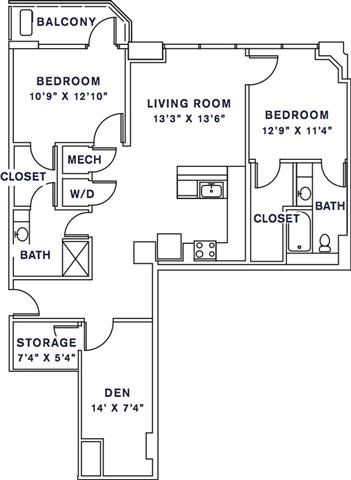Floor plan for 2 beds, 2 baths, 1337 sqft