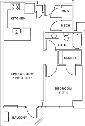 Floor plan for 1 bed, 1 bath, 718 sqft