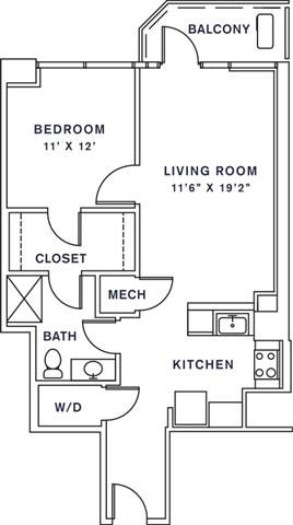 Floor plan for 1 bed, 1 bath, 783 sqft