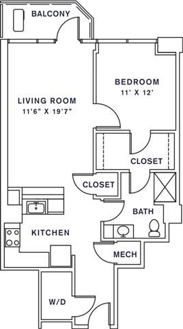 Floor plan for 1 bed, 1 bath, 817 sqft