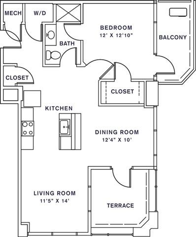 Floor plan for 1 bed, 1 bath, 852 sqft