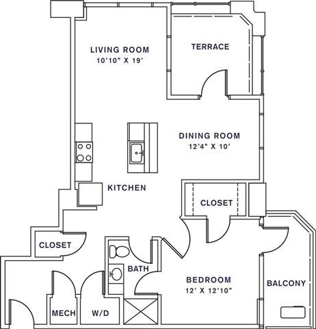 Floor plan for 1 bed, 1 bath, 882 sqft
