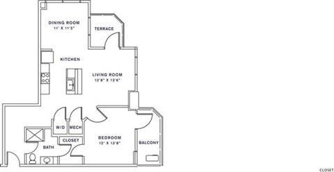 Floor plan for 1 bed, 1 bath, 900 sqft