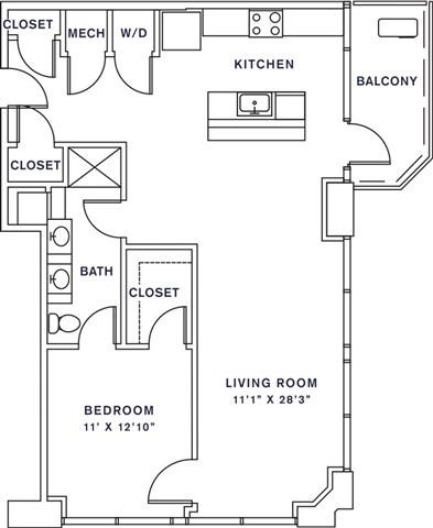 Floor plan for 1 bed, 1 bath, 974 sqft
