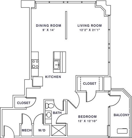 Floor plan for 1 bed, 1 bath, 1016 sqft