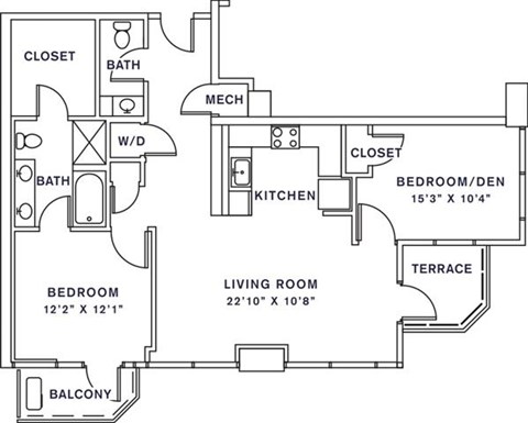 Floor plan for 1 bed, 1.5 baths, 1126 sqft