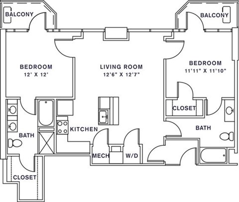 Floor plan for 2 beds, 2 baths, 1066 sqft