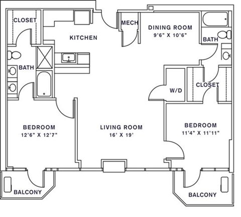 Floor plan for 2 beds, 2 baths, 1323 sqft