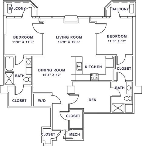 Floor plan for 2 beds, 2 baths, 1439 sqft