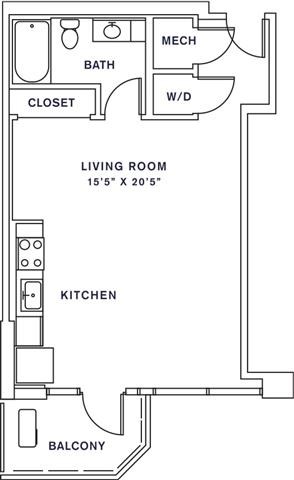 Floor plan for studio, 1 bath, 628 sqft