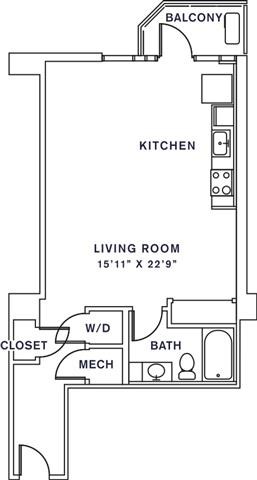 Floor plan for studio, 1 bath, 676 sqft