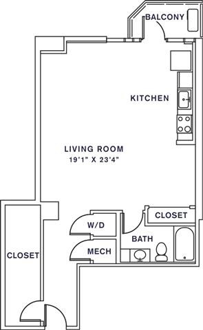 Floor plan for studio, 1 bath, 881 sqft