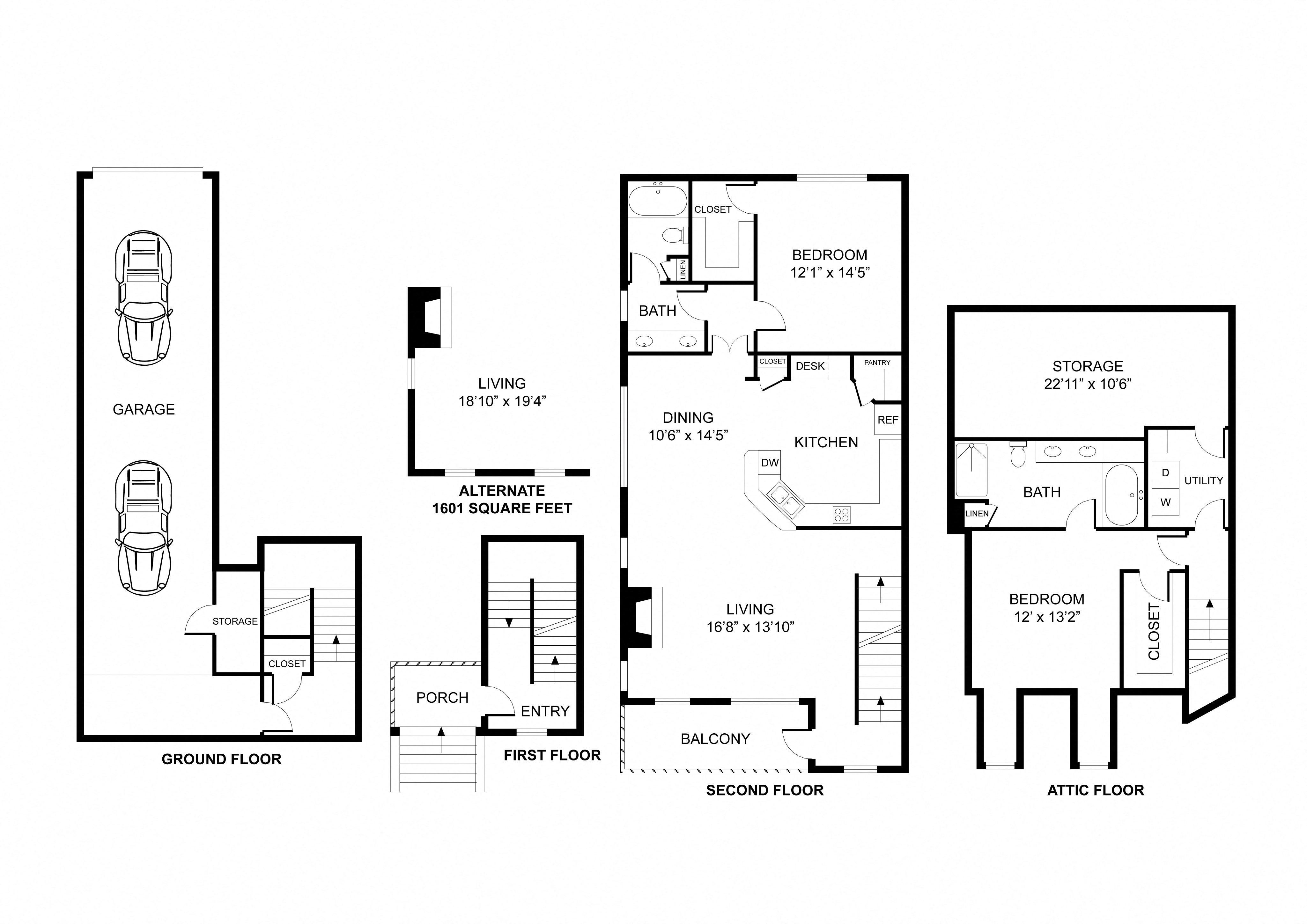 Floor plan for 2 beds, 2 baths, 1601 sqft